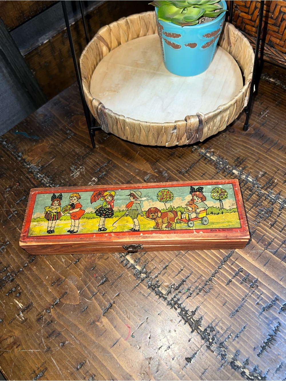 Vintage Made in Germany Illustrated Wooden Pencil Box with Children Motif